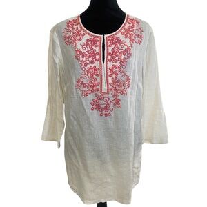 Off White linen and Pink Tunic with Mandarin Collar, beaded,clasp closure,Large